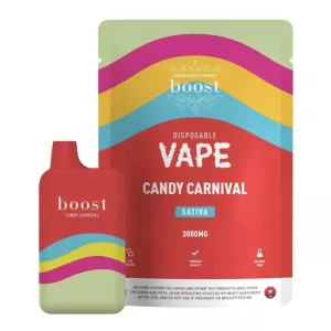 Boost Candy Carnival Sativa disposable vape with colorful packaging and 3000MG potency.