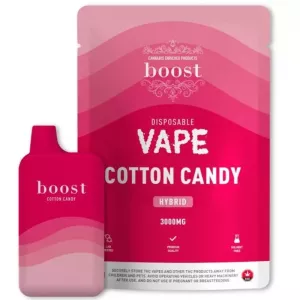 Cotton candy flavored disposable vape pen, 3000mg, cannabis hybrid strain, premium quality.