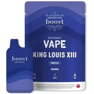 Boost King Louis XIII Indica disposable vape pen, 3000mg, with premium quality packaging.