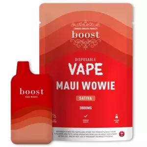 Red Boost Maui Wowie Sativa disposable vape with pouch, 3000mg, lab-tested, solvent-free.