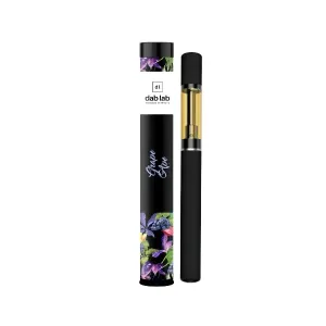 Dab Lab Grape Ape vape pen with packaging, black with colorful fruit and floral design.
