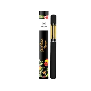 Dab Lab Jack Herer Mango vape pen with tropical packaging on white background.