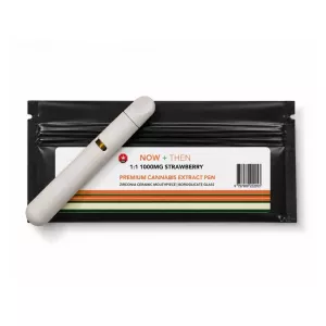 Now + Then 1:1 1000mg Strawberry Premium Cannabis Extract Pen with packaging.