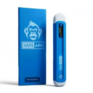 Blue vape device and matching packaging with a gorilla logo.