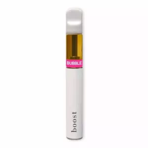 Sleek vape pen with transparent chamber, pink BUBBLE label, and golden e-liquid.