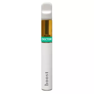 White vape pen with boost and DOCTOR branding, sleek design, visible oil cartridge.