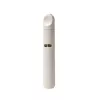 White cylindrical object with a button on top and a logo.