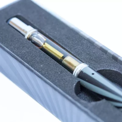 Unicorn Hunter THC vape pen with protective foam case and clear e-liquid tank.