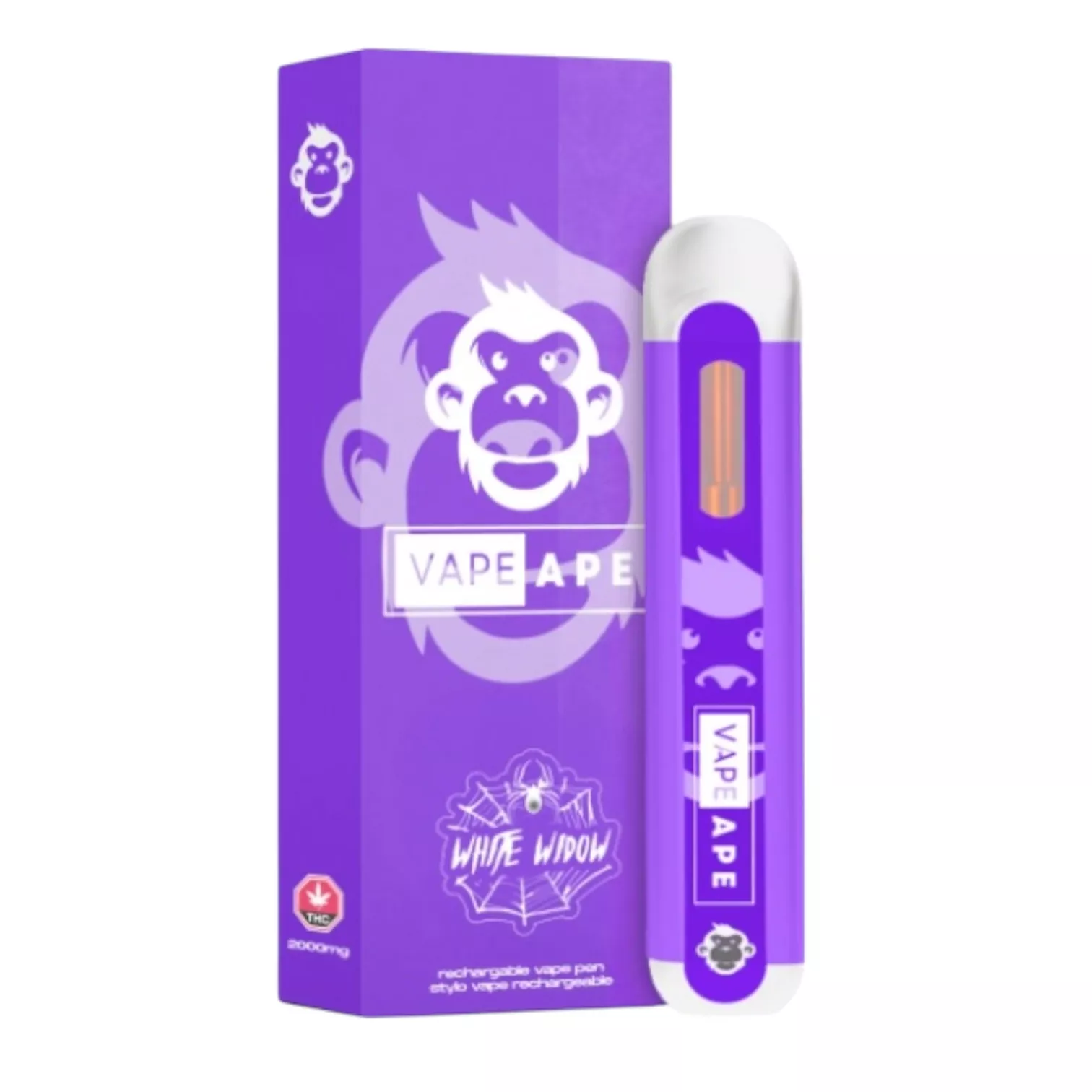 Purple vape pen next to matching box featuring a monkey logo.