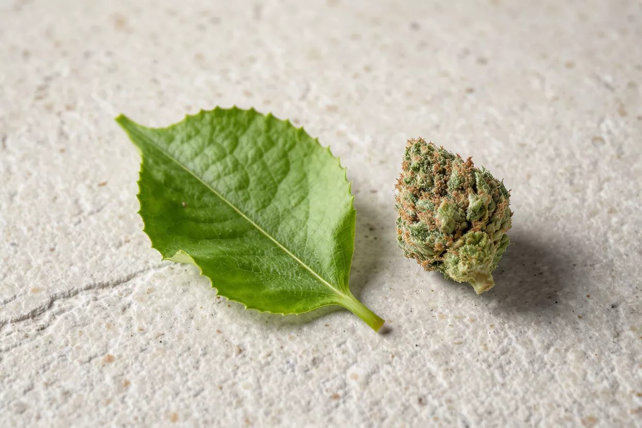 A vibrant green cannabis leaf and a trichome-rich bud on a light stone surface.
