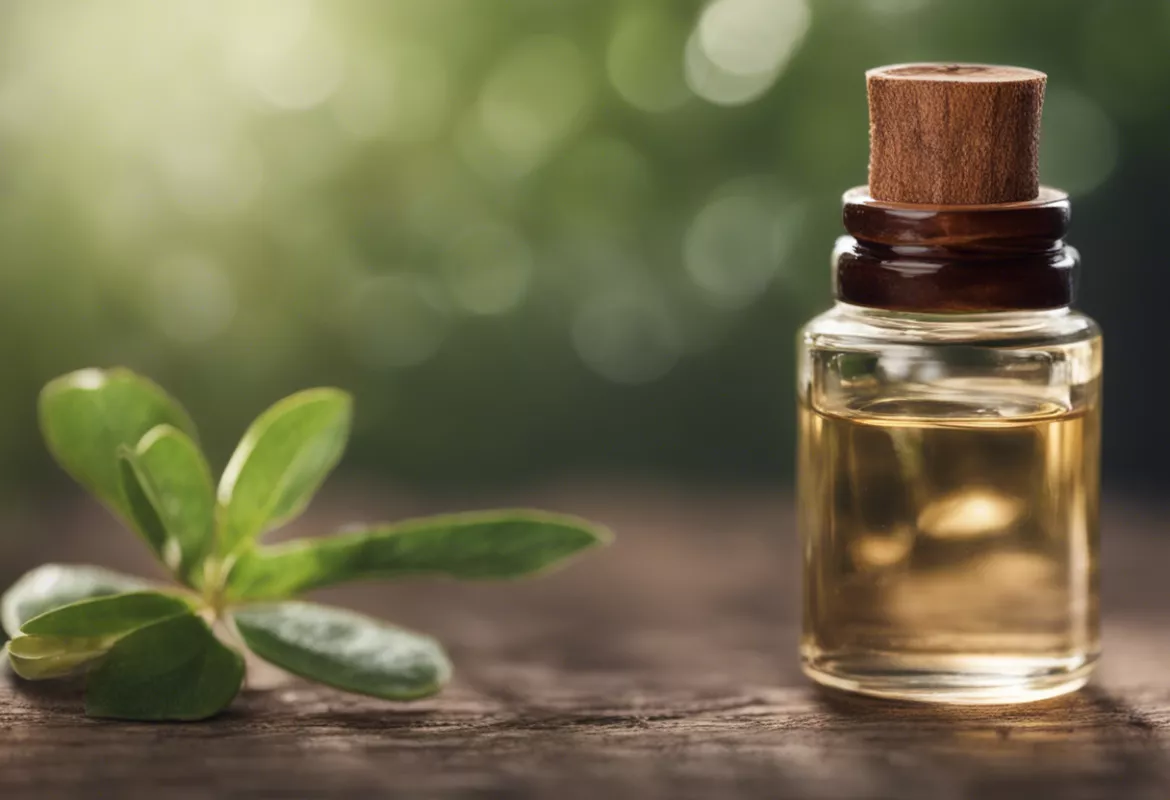 Essential oil in glass bottle with wooden cap on natural, green background.
