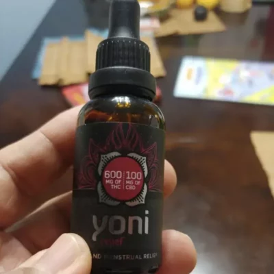 YONI Relief Tincture with 600mg THC and 100mg CBD for PMS and menstrual discomfort.