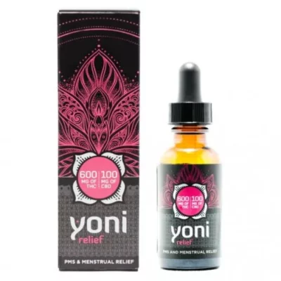 Yoni Relief THC & CBD drops for menstrual pain in lotus-themed packaging.