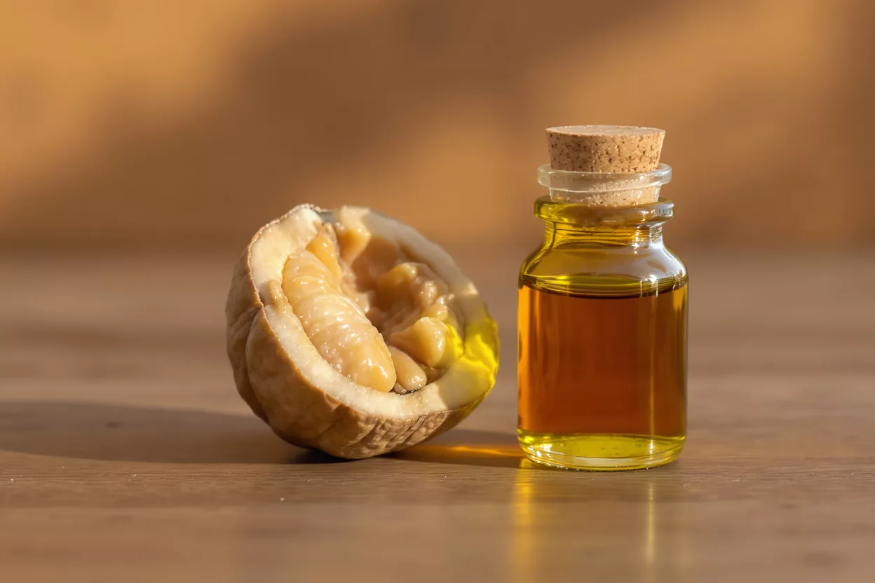 A small bottle of golden walnut oil next to a cracked open walnut.