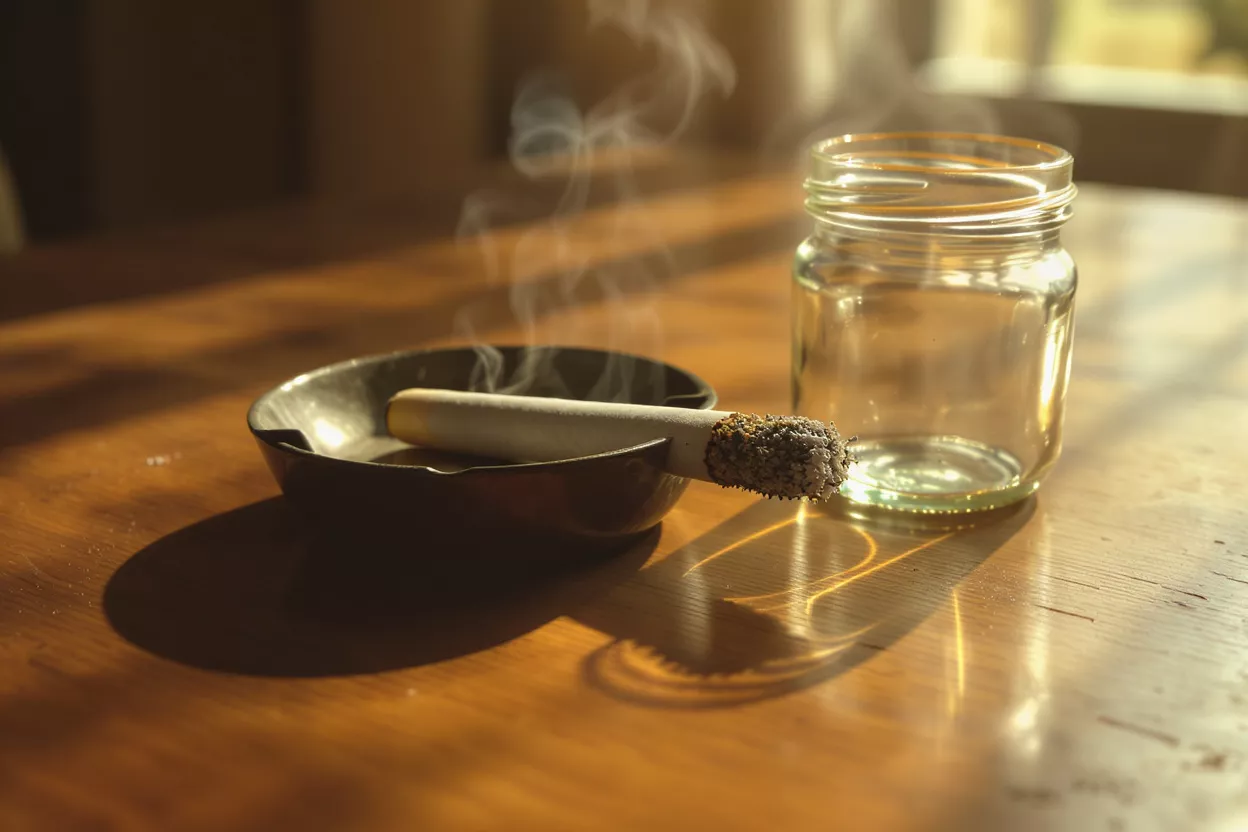 Ashtray with a burnt cigarette and a glass jar