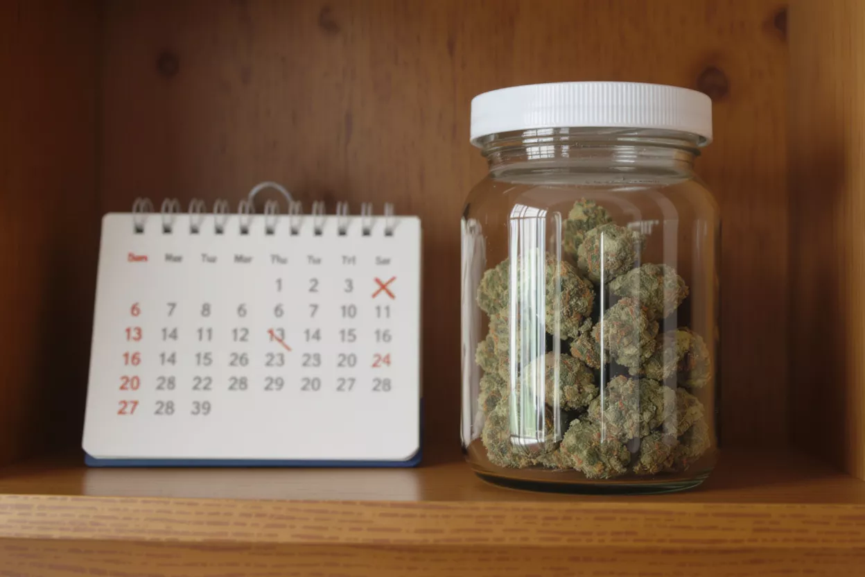 A glass jar filled with cannabis buds next to a calendar on a wooden shelf.