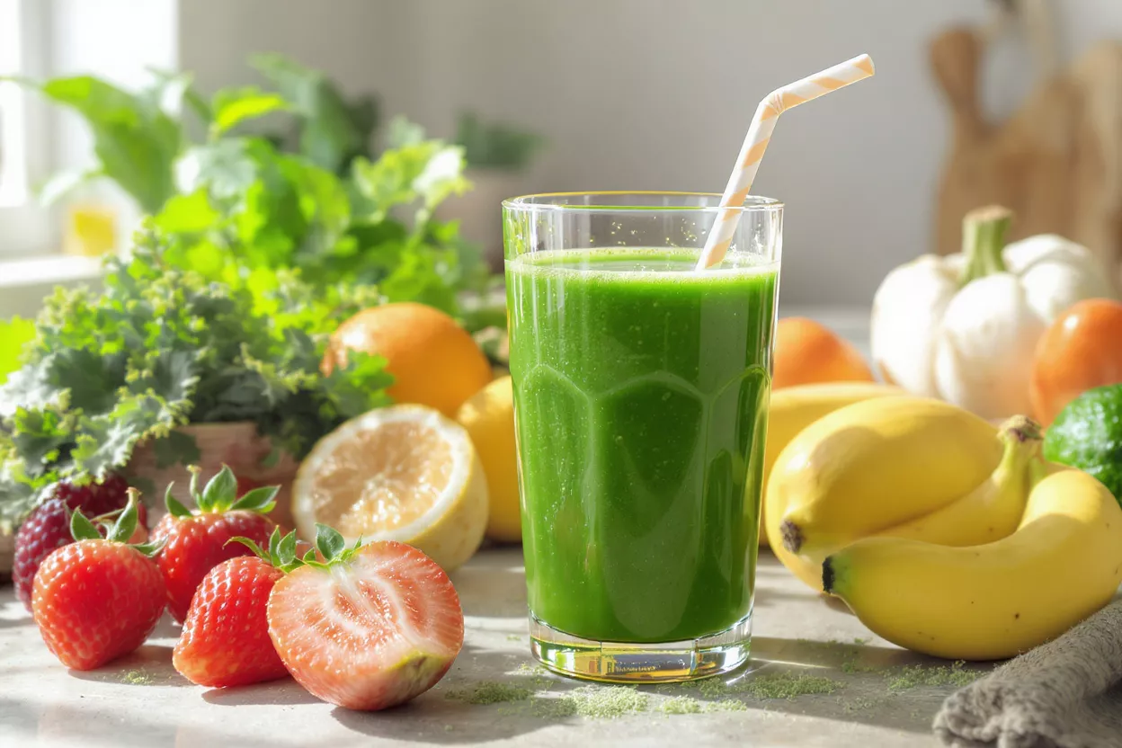 Vibrant green smoothie surrounded by fresh fruits and vegetables on a countertop.