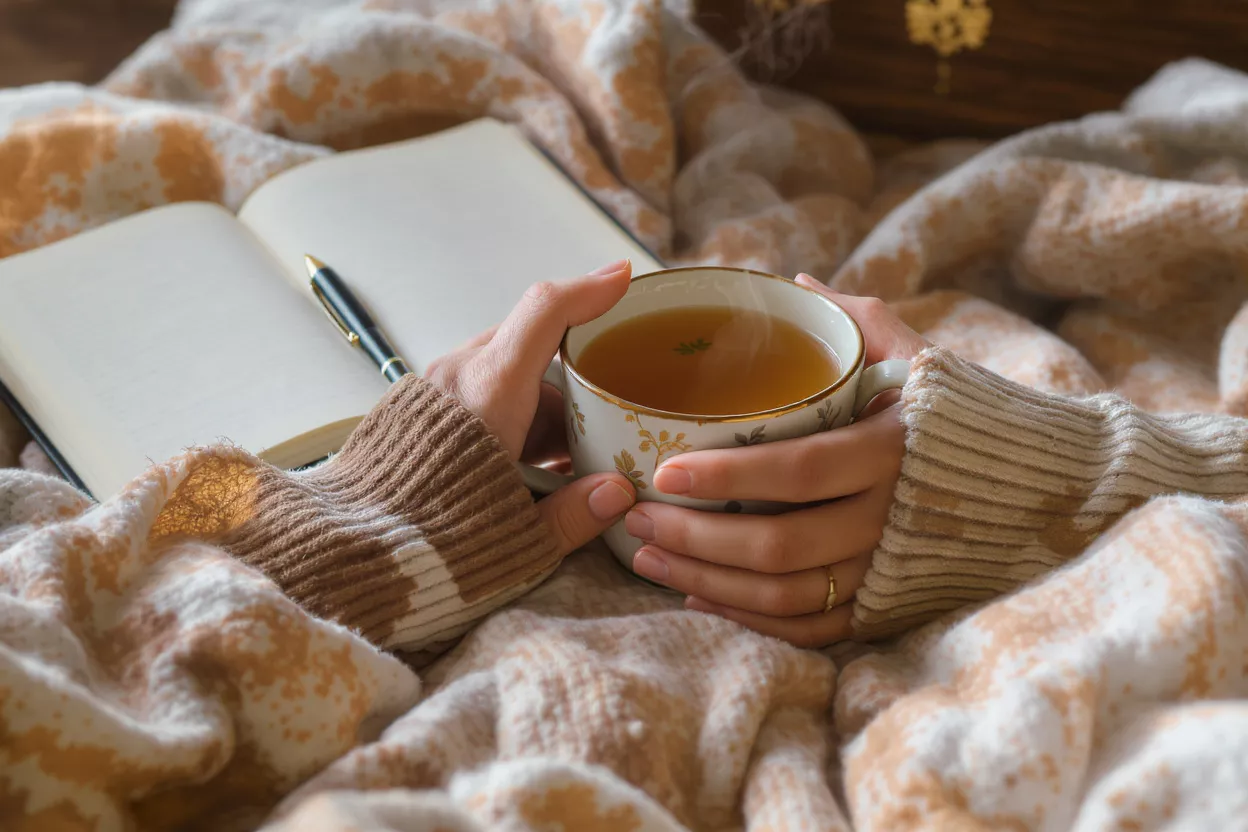 Hands holding a steaming cup of tea with a journal and pen nearby.