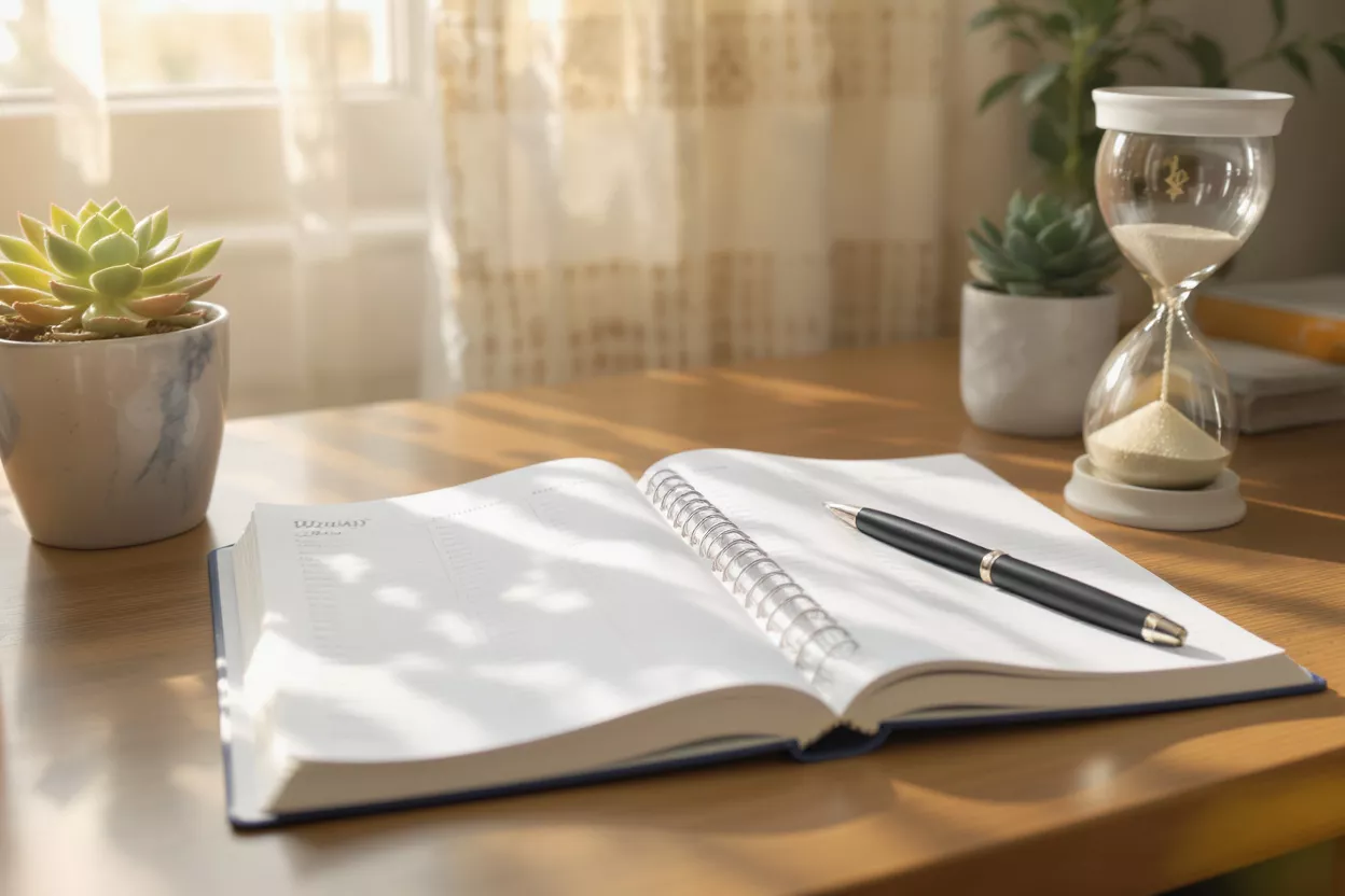 Open journal with pen, succulents, and an hourglass on a sunlit wooden desk.