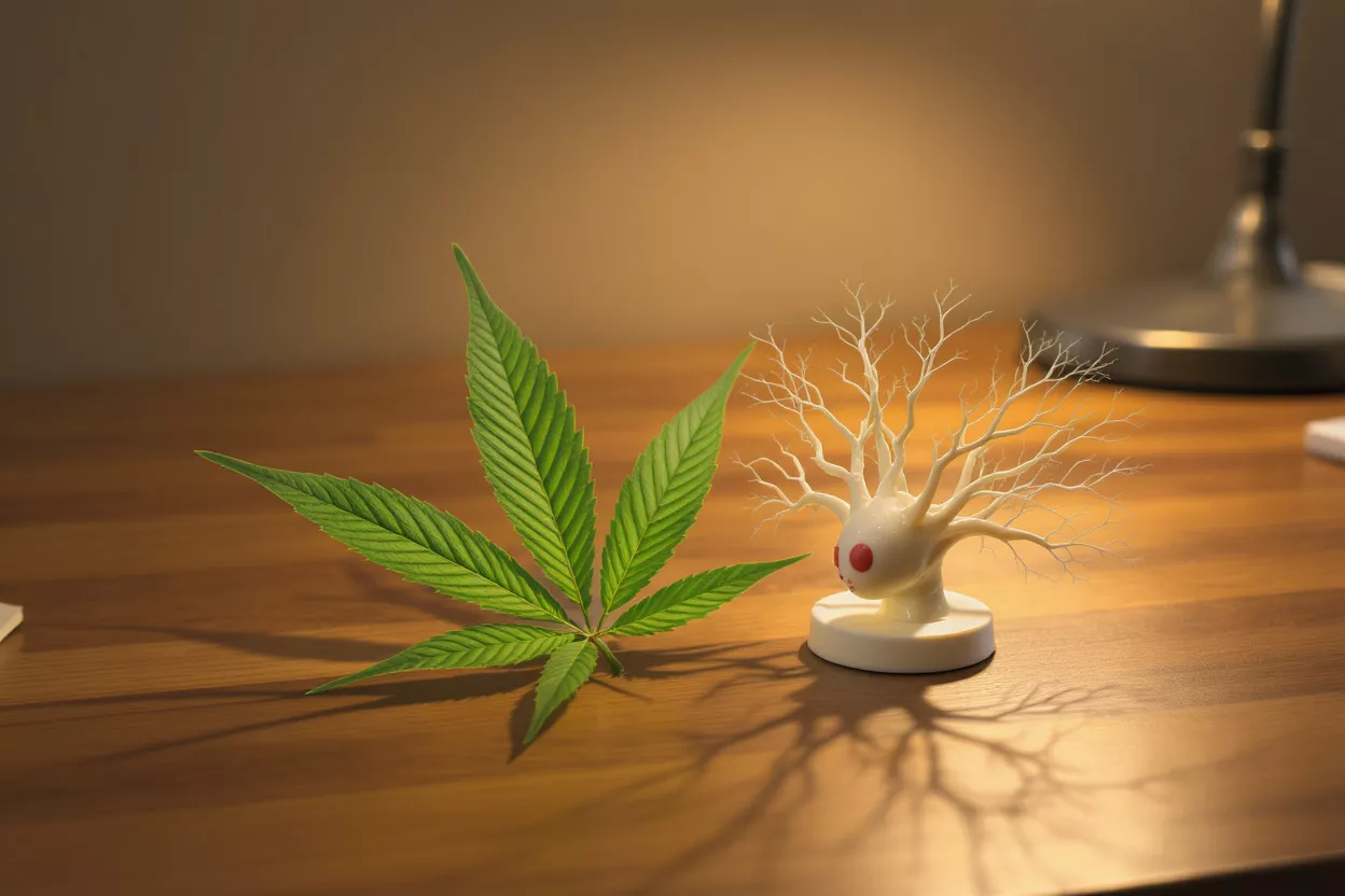 Cannabis Leaf and Artistic Sculpture A cannabis leaf next to a unique sculpture on a table