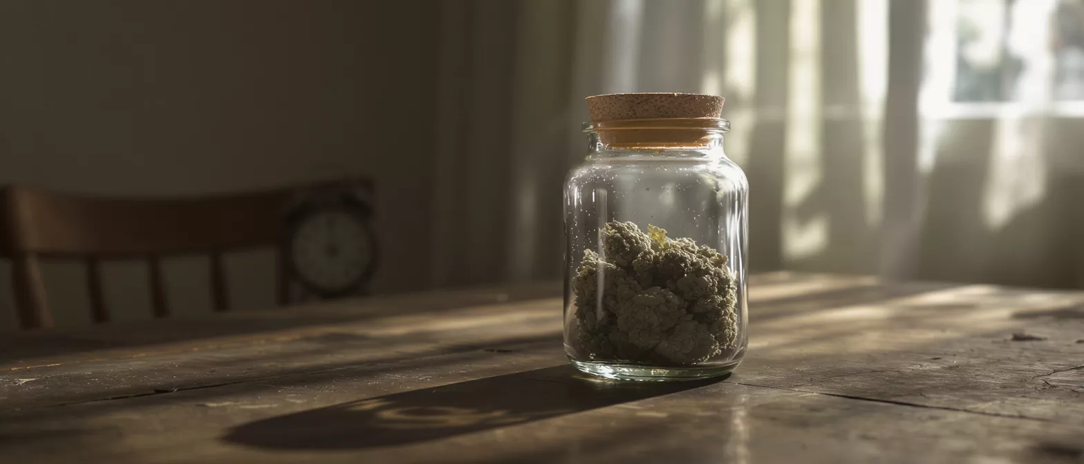 A glass jar containing cannabis on a wooden table