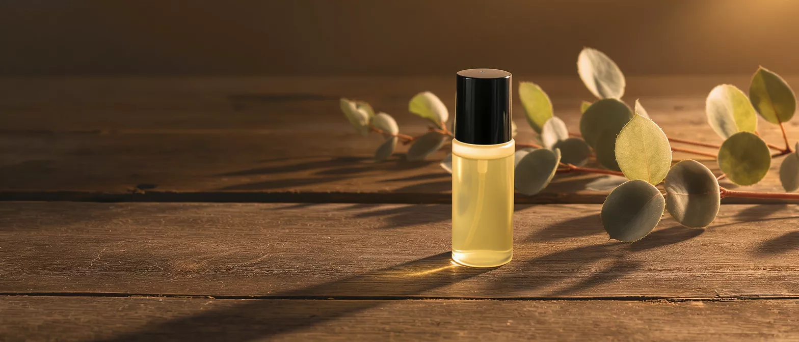 A small bottle of eucalyptus oil on a wooden surface