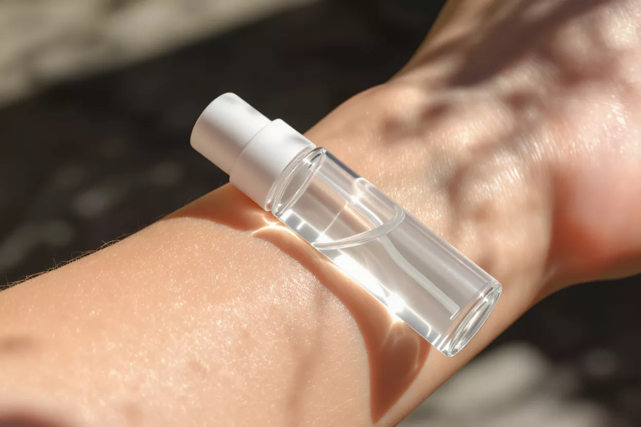 A clear spray bottle resting on a person's arm