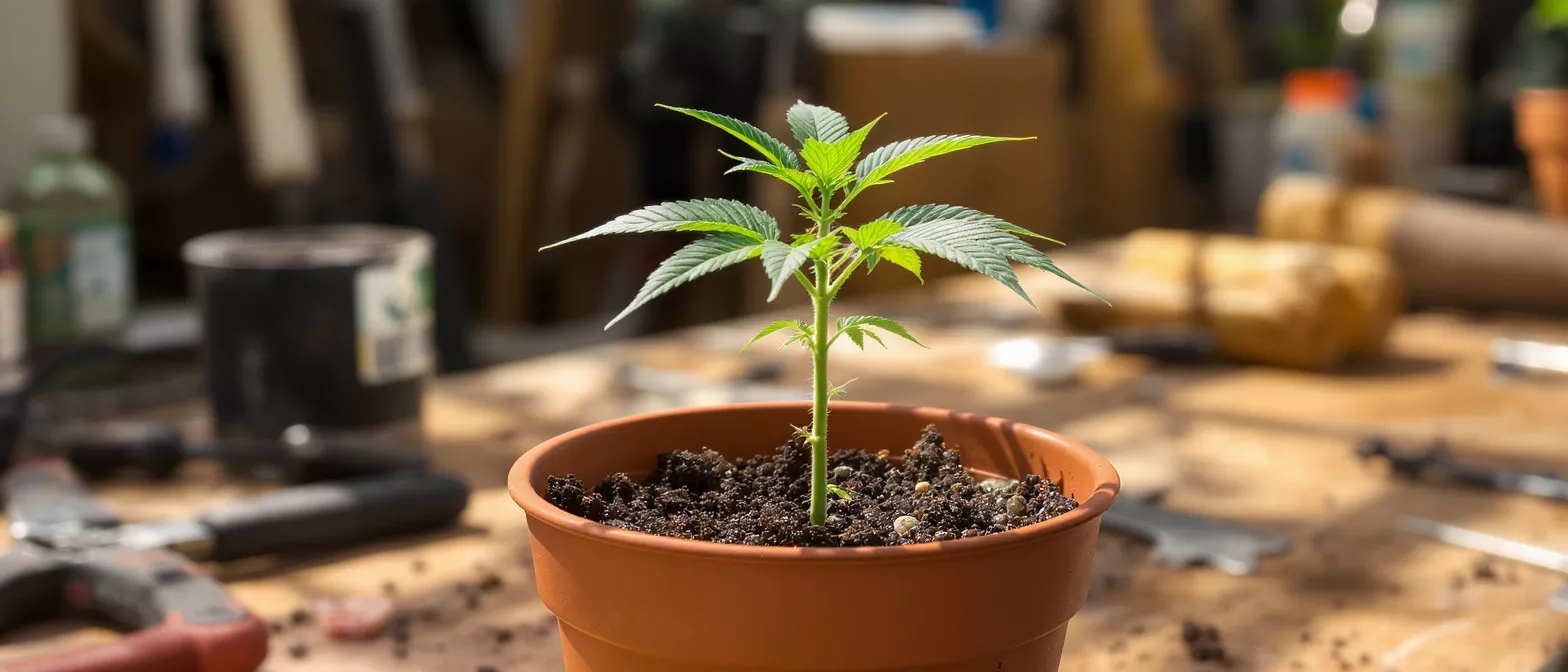A vibrant green cannabis seedling growing in a brown pot on a wooden surface.