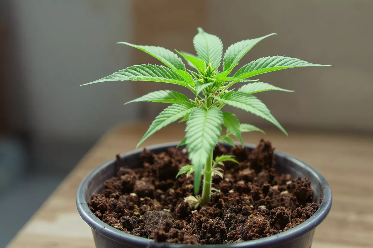 A vibrant cannabis plant growing in a pot