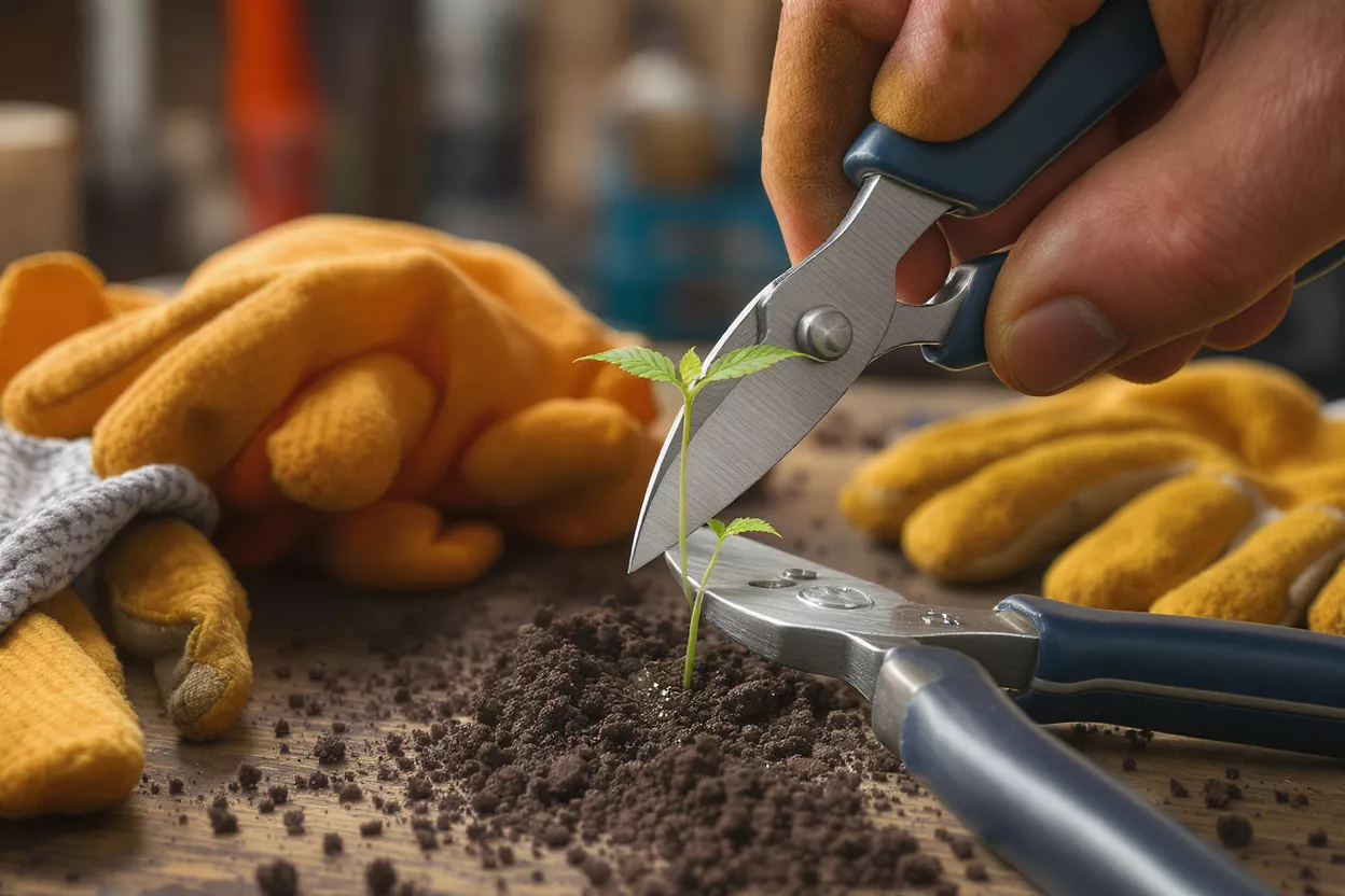 Hands using pruning shears on a small plant
