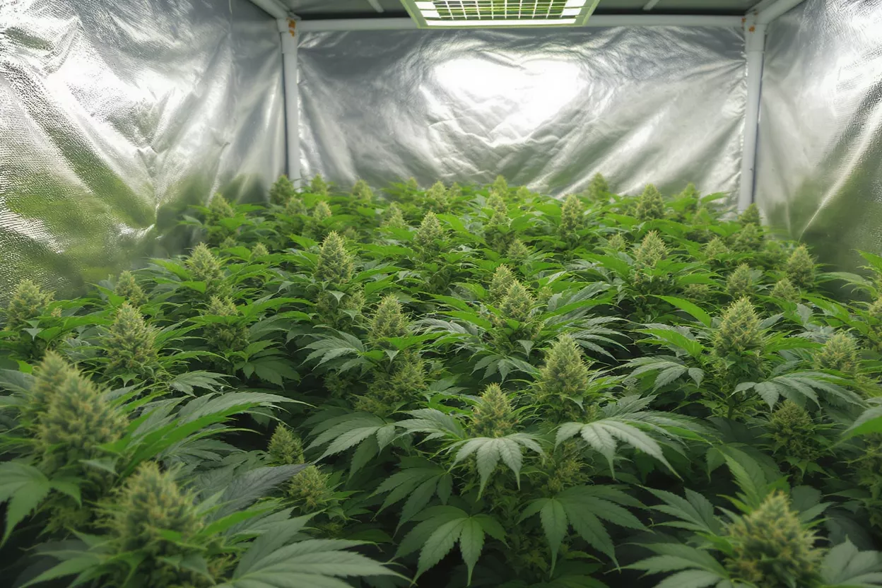 Lush green cannabis plants growing indoors