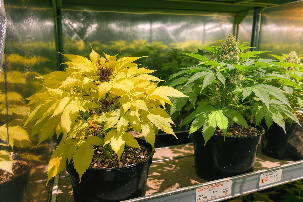 Two cannabis plants in black pots on a shelf