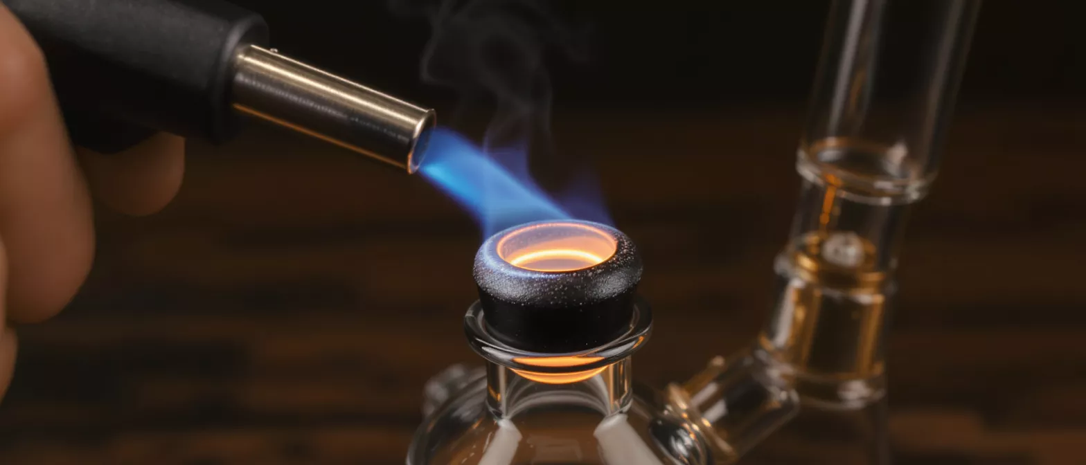 Close-up of a torch heating a glass bong nail to a glowing orange.