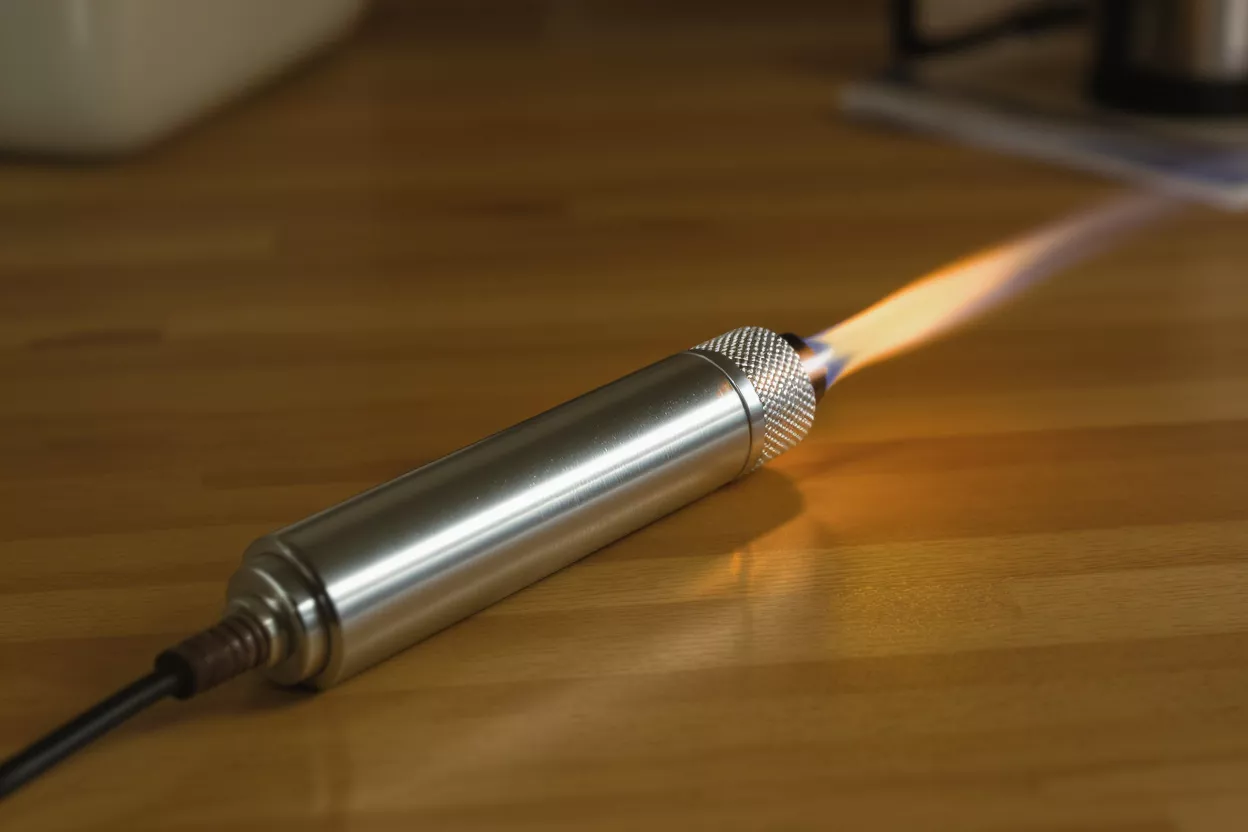A stainless steel culinary searing torch with a long flame on a wooden countertop.