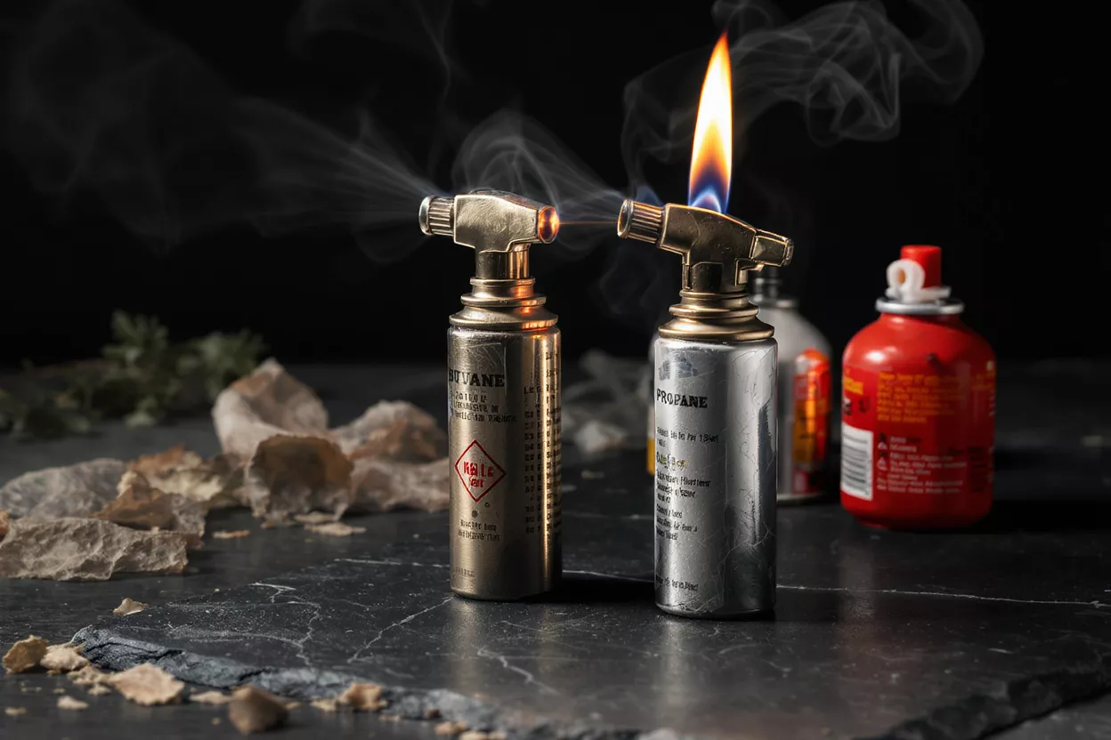 A butane torch and a lit propane torch side-by-side on a stone surface.