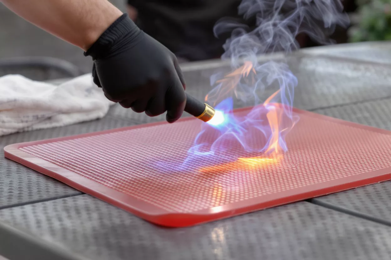 A gloved hand holds a blowtorch, applying a direct flame to a red mat.