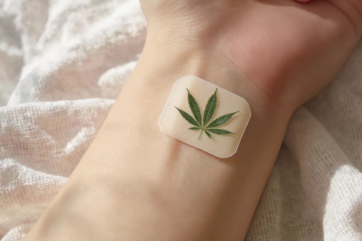 Cannabis Patch on Wrist A cannabis leaf design on a transdermal patch applied to a person's wrist.
