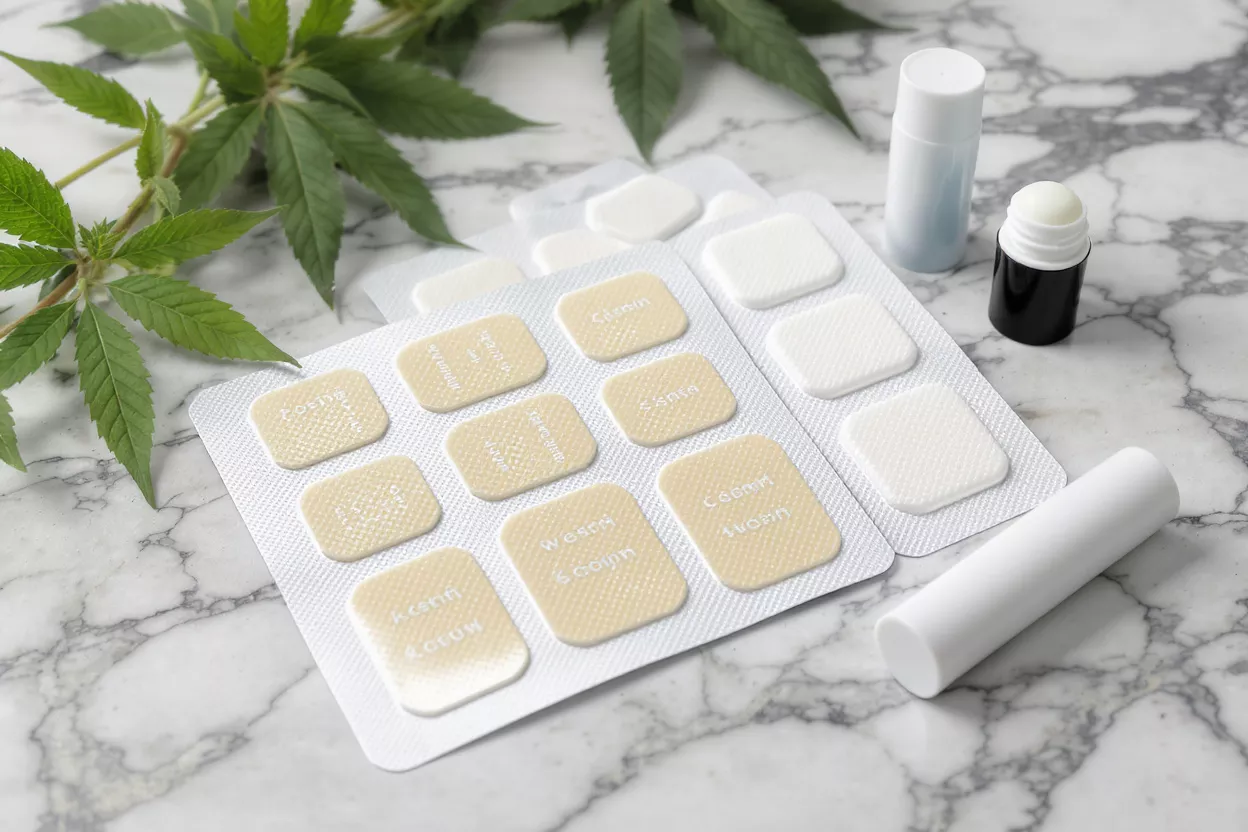 CBD Patches and Cannabis Products CBD patches, cannabis leaf, and balm sticks on a marble surface.