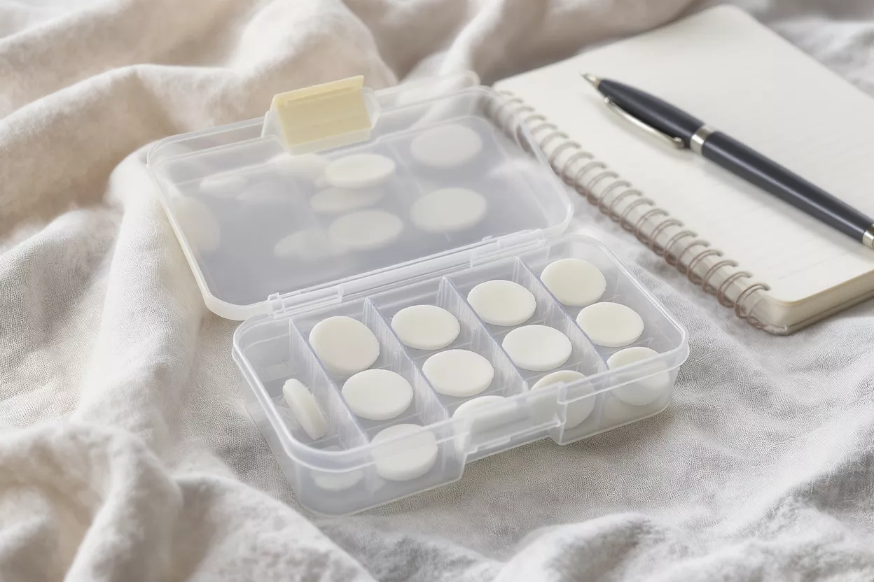 Clear Storage Box with White Discs Clear plastic storage box with white circular discs, notebook, and pen on fabric.