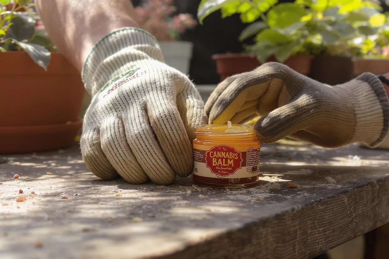 Gardener Applying Cannabis Balm Gardener in gloves applying cannabis balm from a jar on a wooden table.