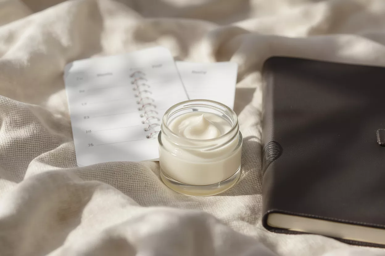 Skin Care Essentials A jar of cream next to a planner on soft fabric