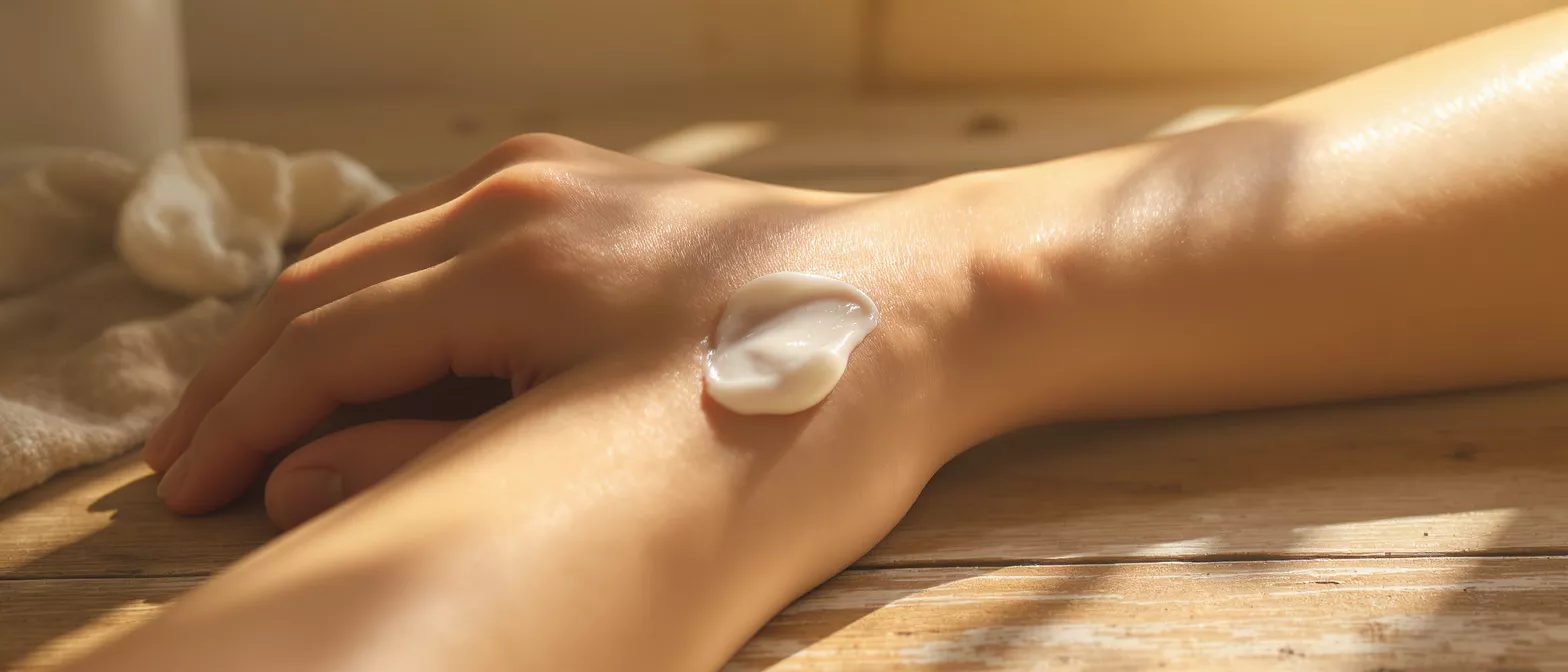 A hand with cream applied on the wrist