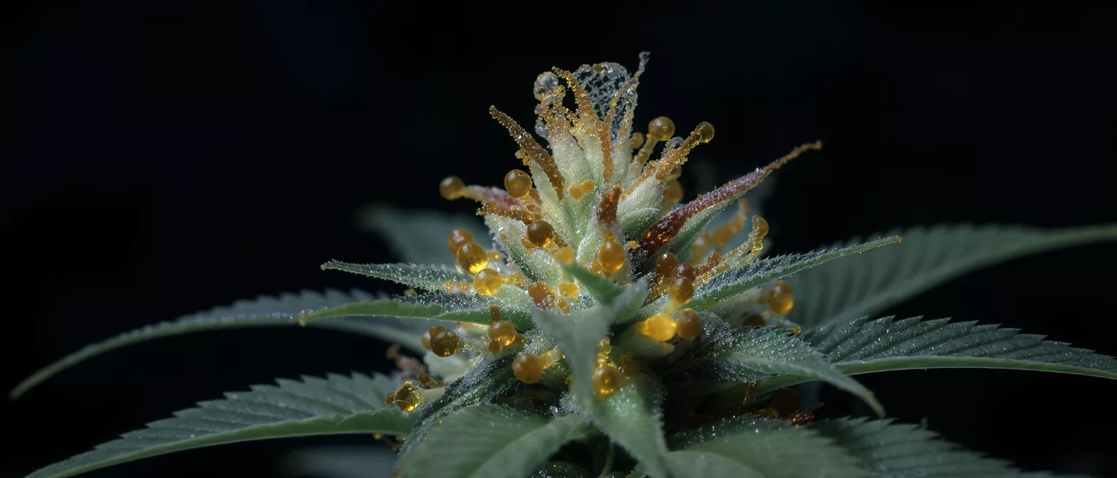 Close-up of a cannabis flower covered in glistening amber resin glands and trichomes.