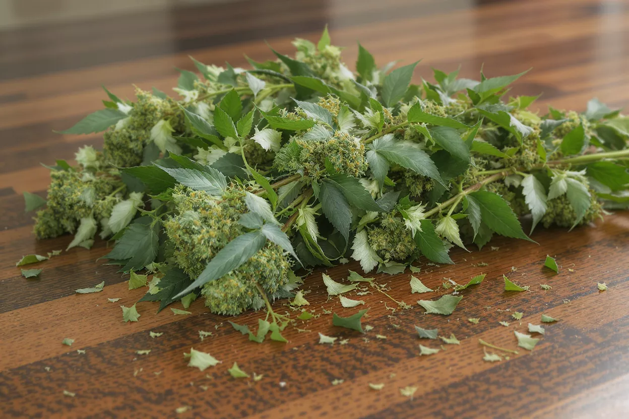 Fresh Cannabis Buds A pile of cannabis buds and leaves on a wooden table