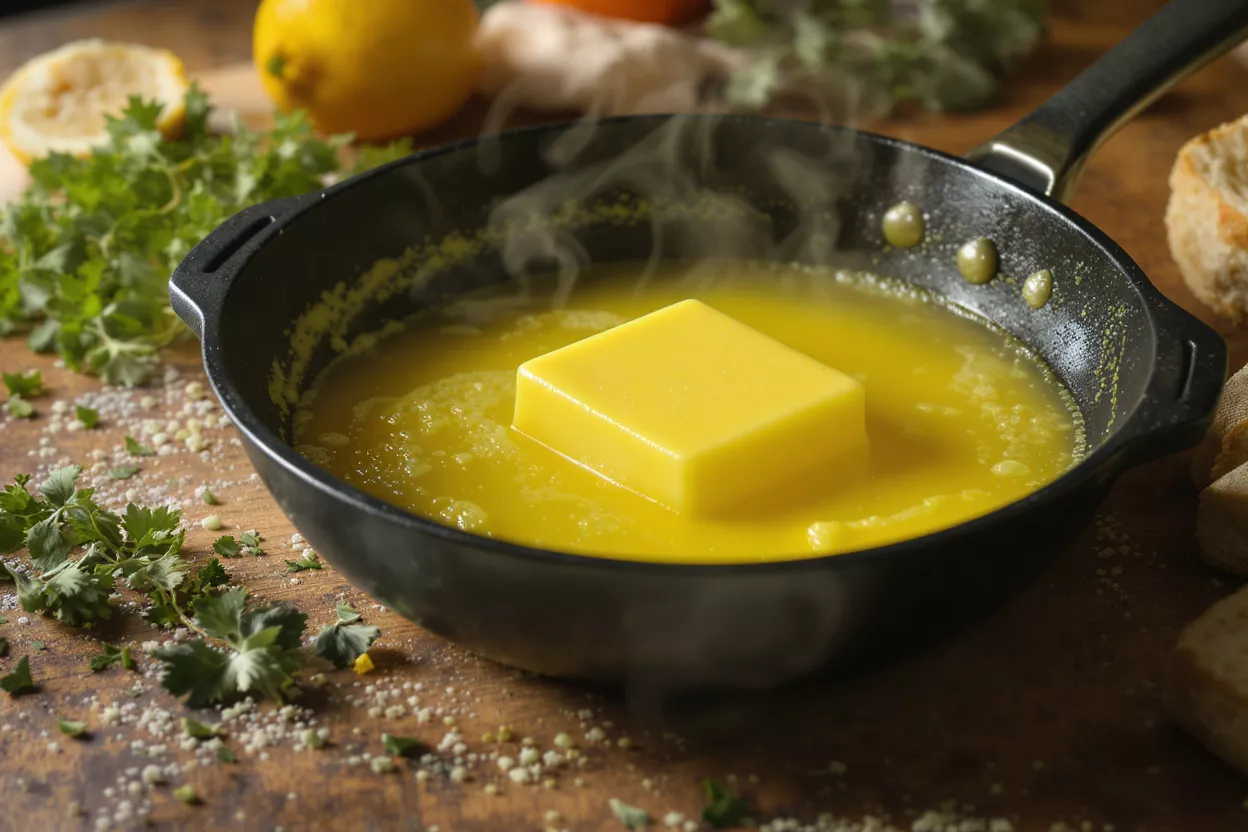 Melting Butter in a Pan A block of butter melting in a black skillet