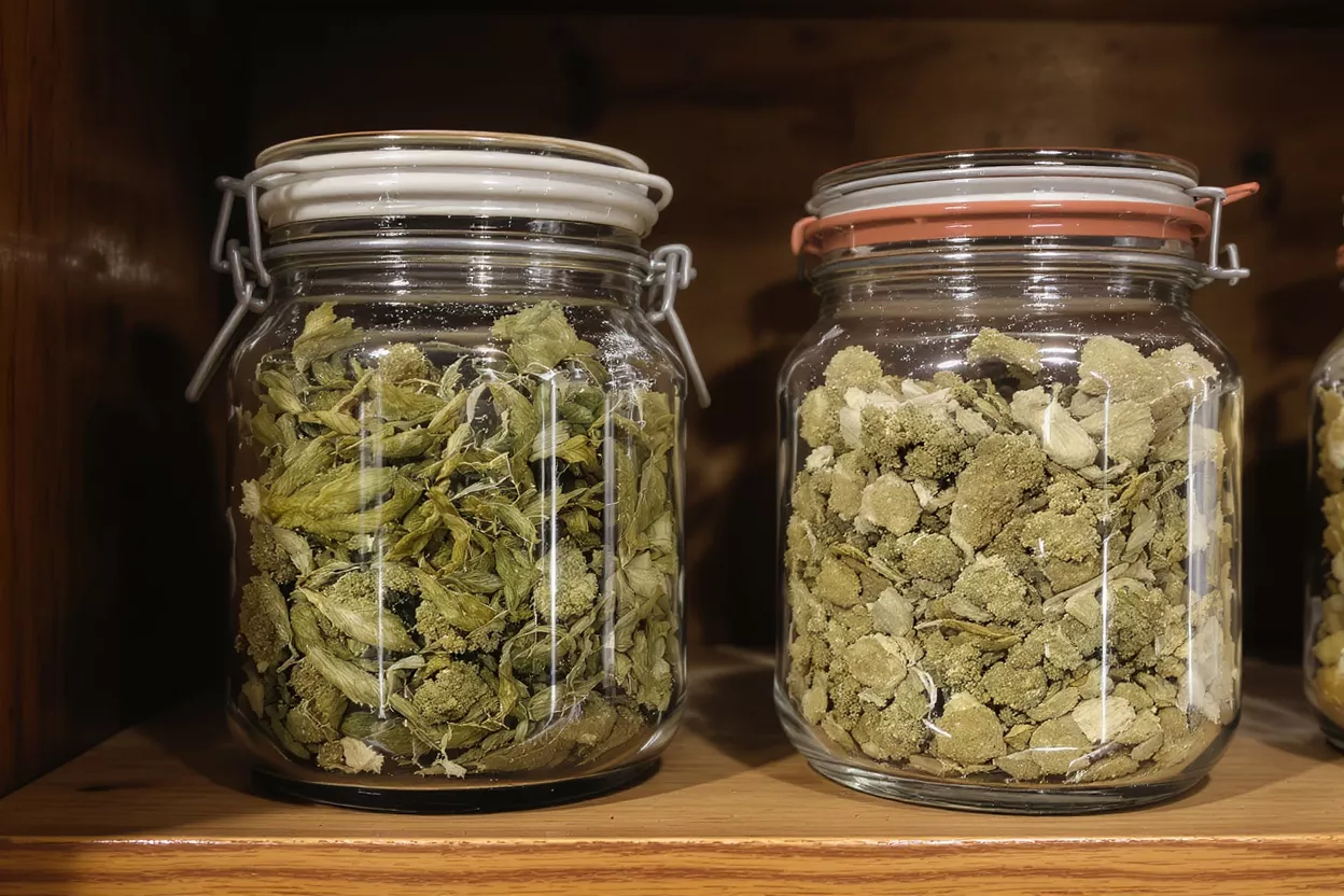 Herbal Tea Storage Jars Two jars containing dried herbal ingredients on a shelf