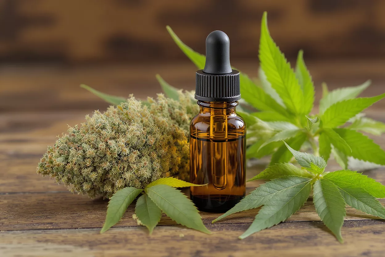 CBD Oil with Cannabis Flower and Leaves Amber dropper bottle of CBD oil, cannabis flower, and green leaves on wood.