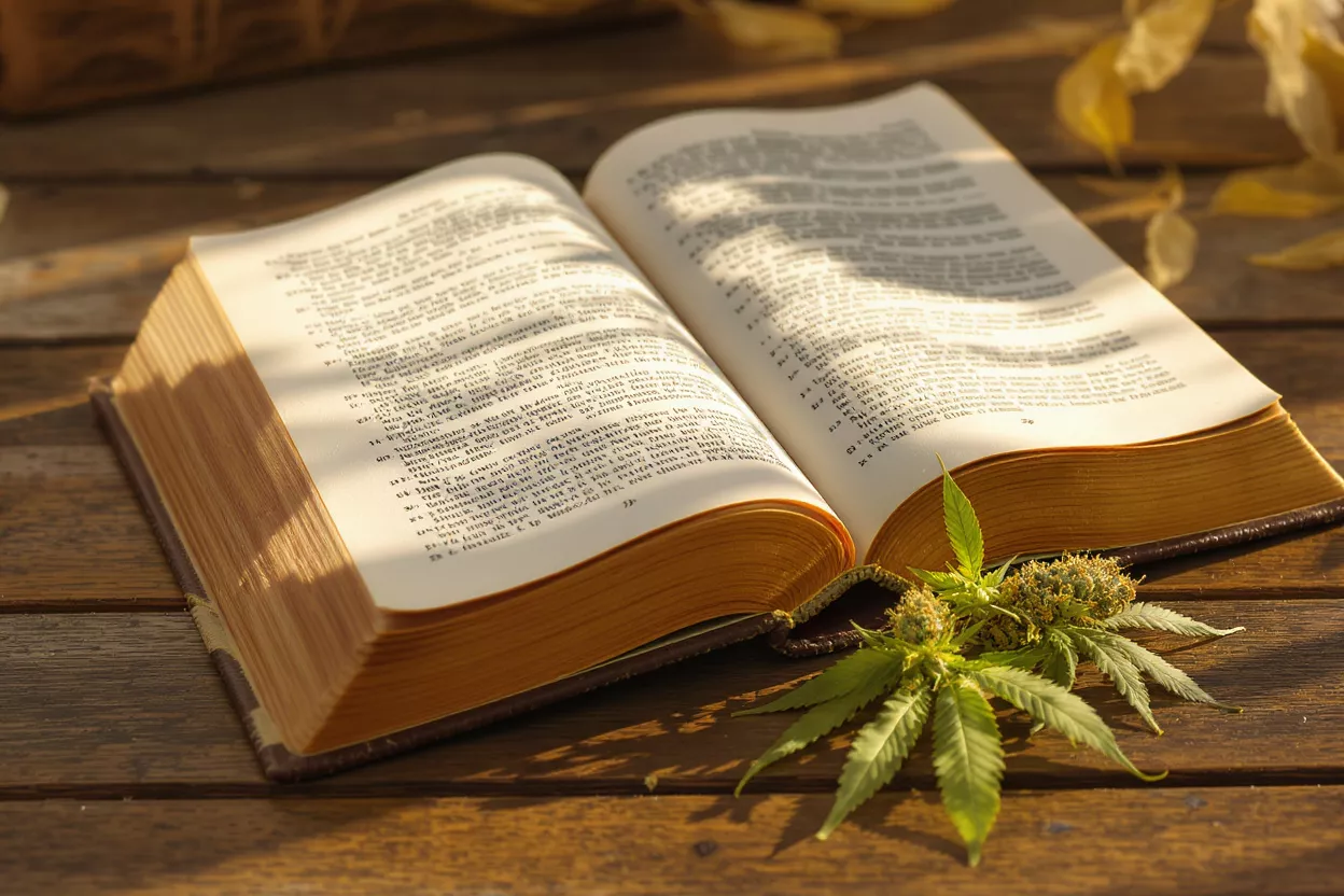 Open book with cannabis plant and buds on a rustic wooden table.