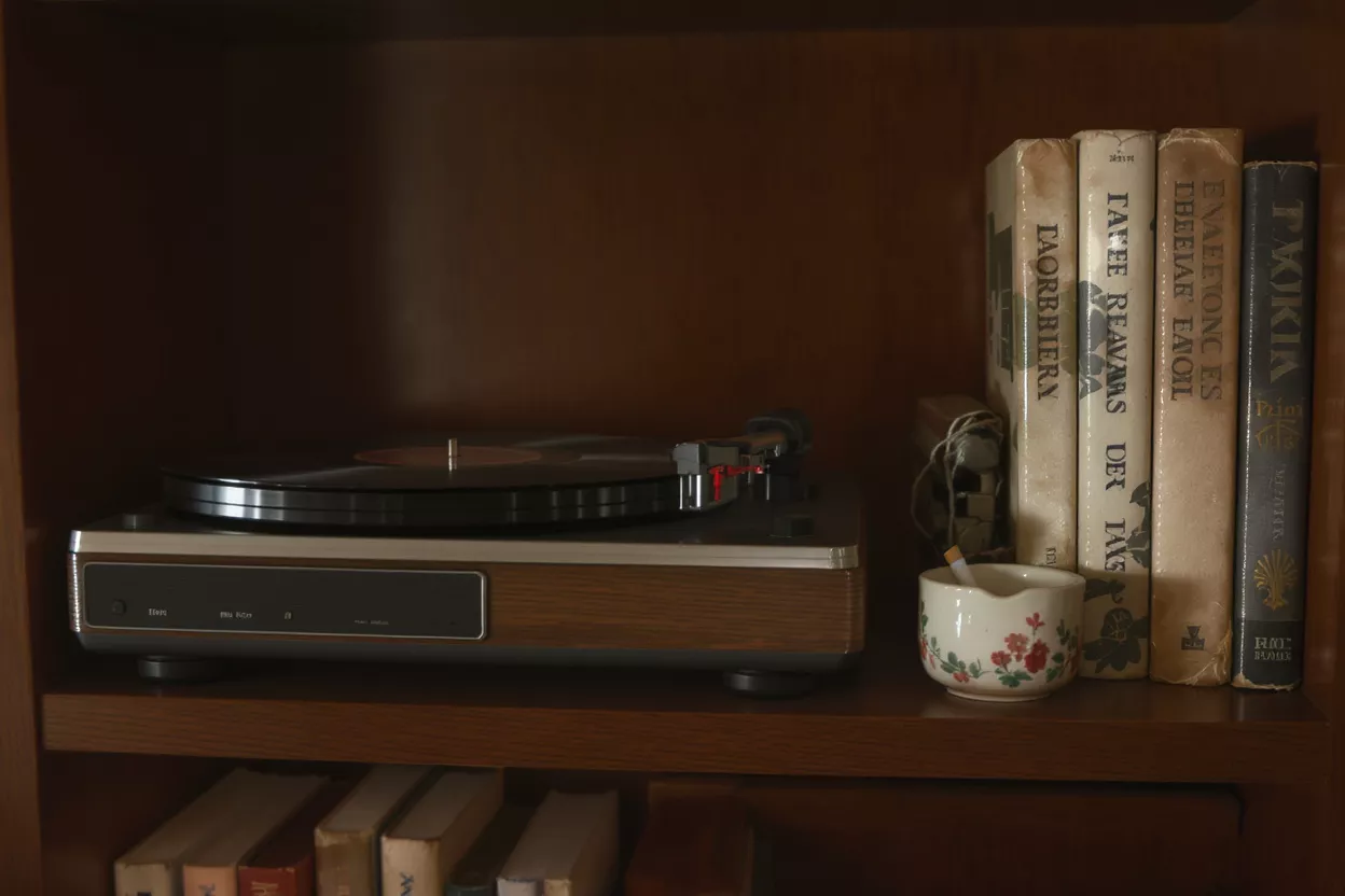 A vintage turntable on a wooden shelf next to old books and a floral ashtray.
