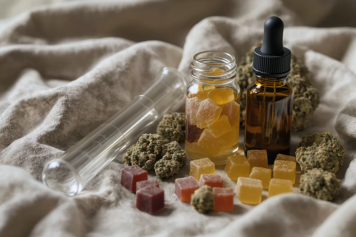 CBD gummies, oil, flower, and a test tube on a linen cloth.